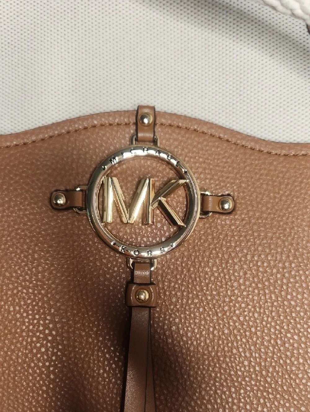 Michael Kors Cream Canvas Tote with Tan Leather Pocket